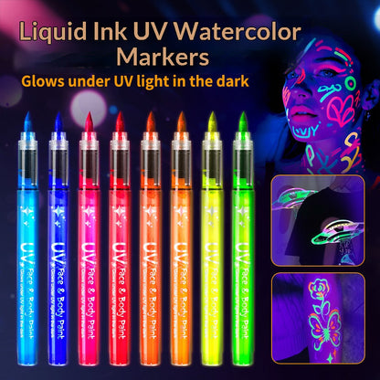 ✨ Markery do Malowania Twarzy UV 8 Kolorów | Fluorescencyjne | Wodoodporne | Łatwe Do Zmycia | Precyzyjna Końcówka! ✨