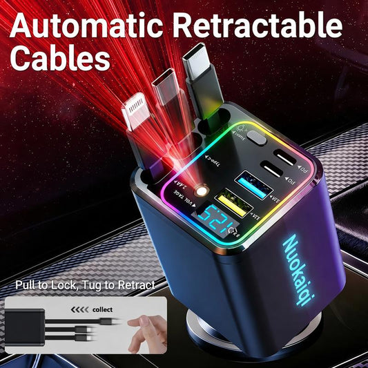 ⏳Ograniczona czasowo zniżka 50%⏰Szybka ładowarka samochodowa 7 w 1 z wyświetlaczem napięcia i funkcją automatycznego zwijania – USB-C dla urządzeń z systemem Android i Lightning dla urządzeń Apple🔋📱