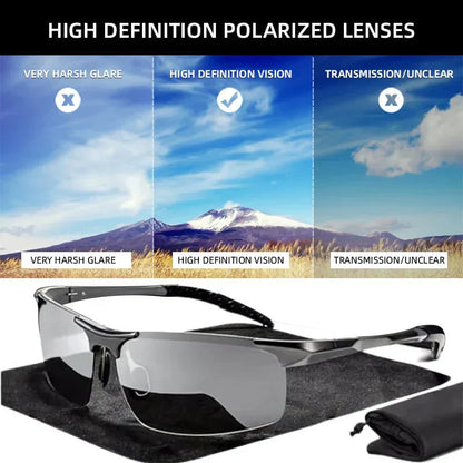Męskie okulary przeciwsłoneczne z soczewkami fotochromowymi i powłoką antyrefleksyjną.