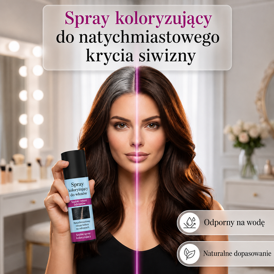 💨 Spray do tymczasowego pokrycia odrostów – ukrywa siwe włosy i odrosty w mgnieniu oka, nadając im naturalny kolor i matowy efekt! ✨💁‍♀️