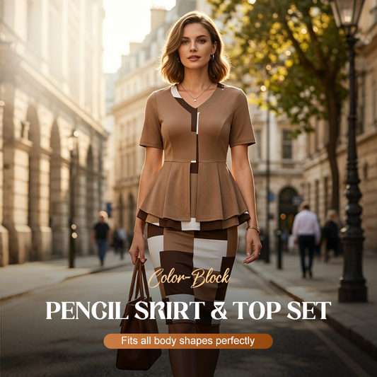 Zestaw składający się z ołówkowej spódnicy i bluzki w stylu color block